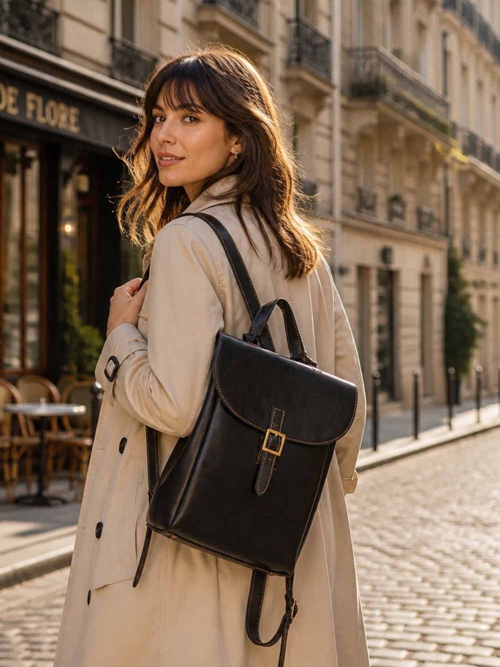 Classic Black Leather Travel Backpack with Brass Buckle Womens